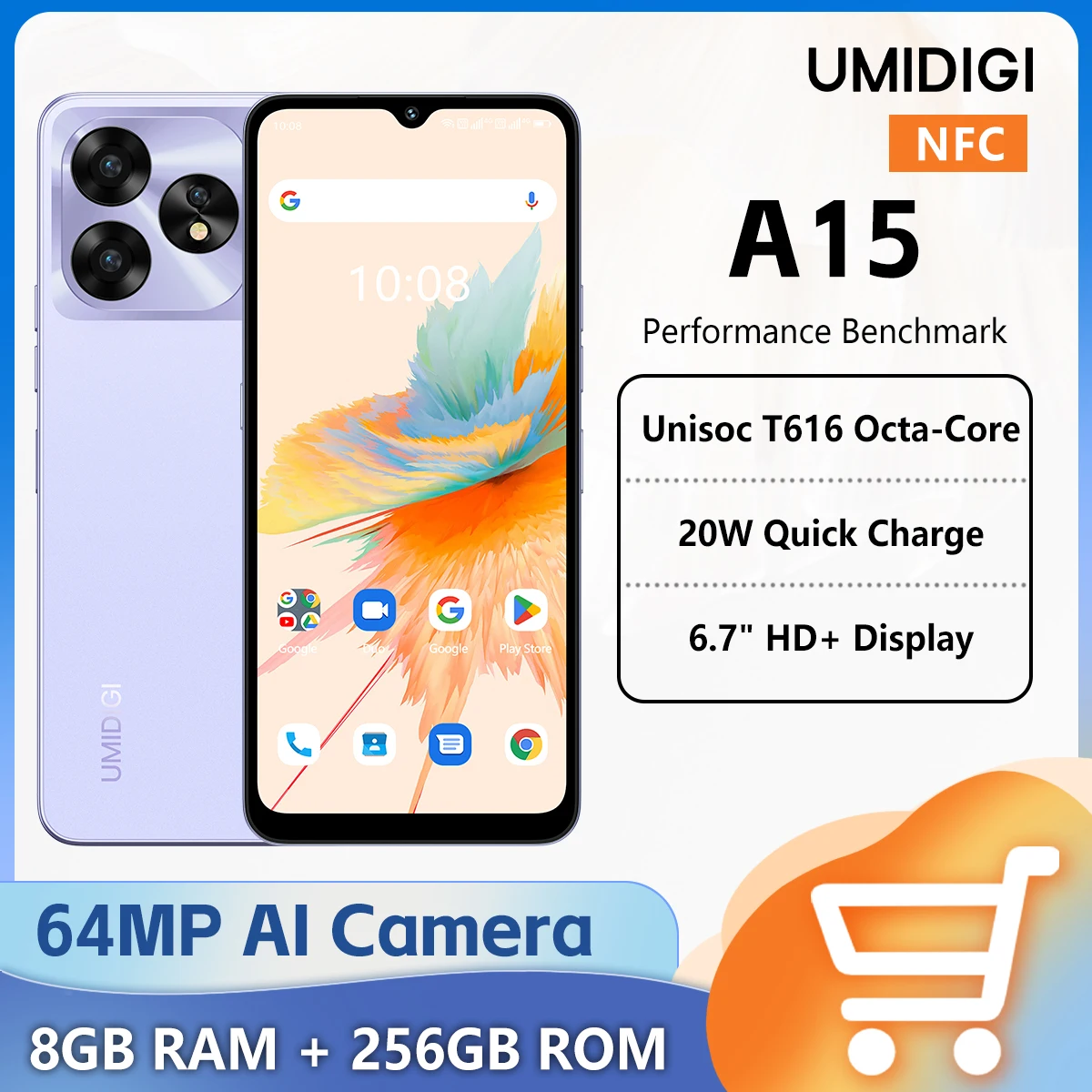 UMIDIGI A15 Smartphone NFC Android 13 6.7" HD+ Screen 8GB+256G 64MP Camera 5000mAh Battery 20W Fast Charging Mobile phone