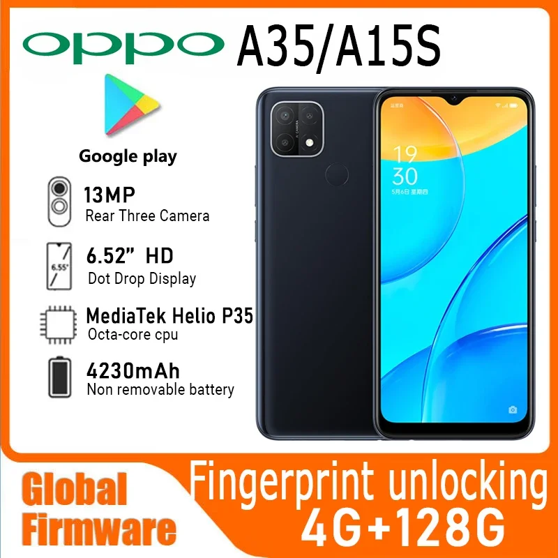 Oppo A15S/A35 4G LTE Mobile Phone Global firmware Android 10.0 6.52" 60HZ 13.0MP Face ID Fingerprint 4230mAh MediaTek Helio