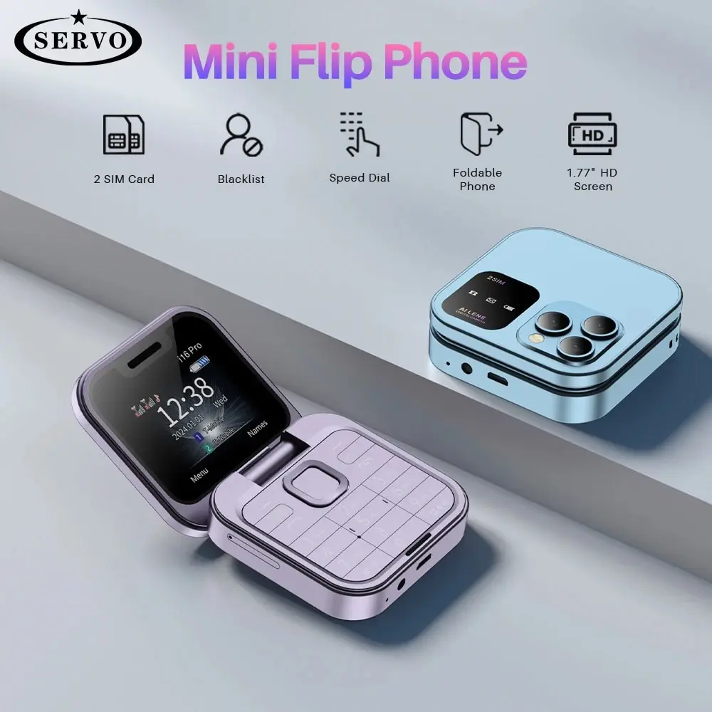 SERVO i16PRO 2G GSM Dual SIM Flip Mini Mobile Phone Auto Call Record Speed Dial Magic Voice FM Radio Small Fold Telephone Type-C