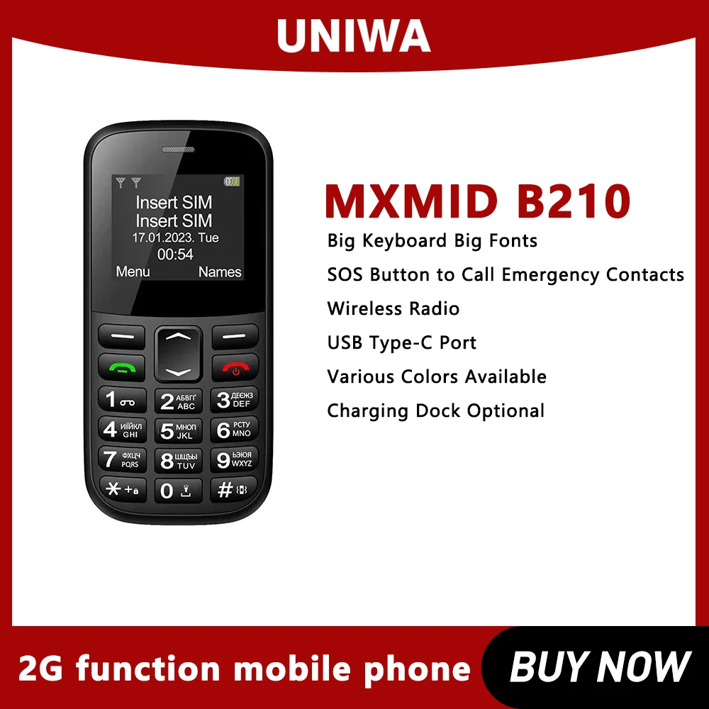 UNIWA MXMID B210 2G Feature Phone Big Keyboard Big Fonts For Elderly SOS Senior Mobile Phones Wireless Radio Russian Arabic