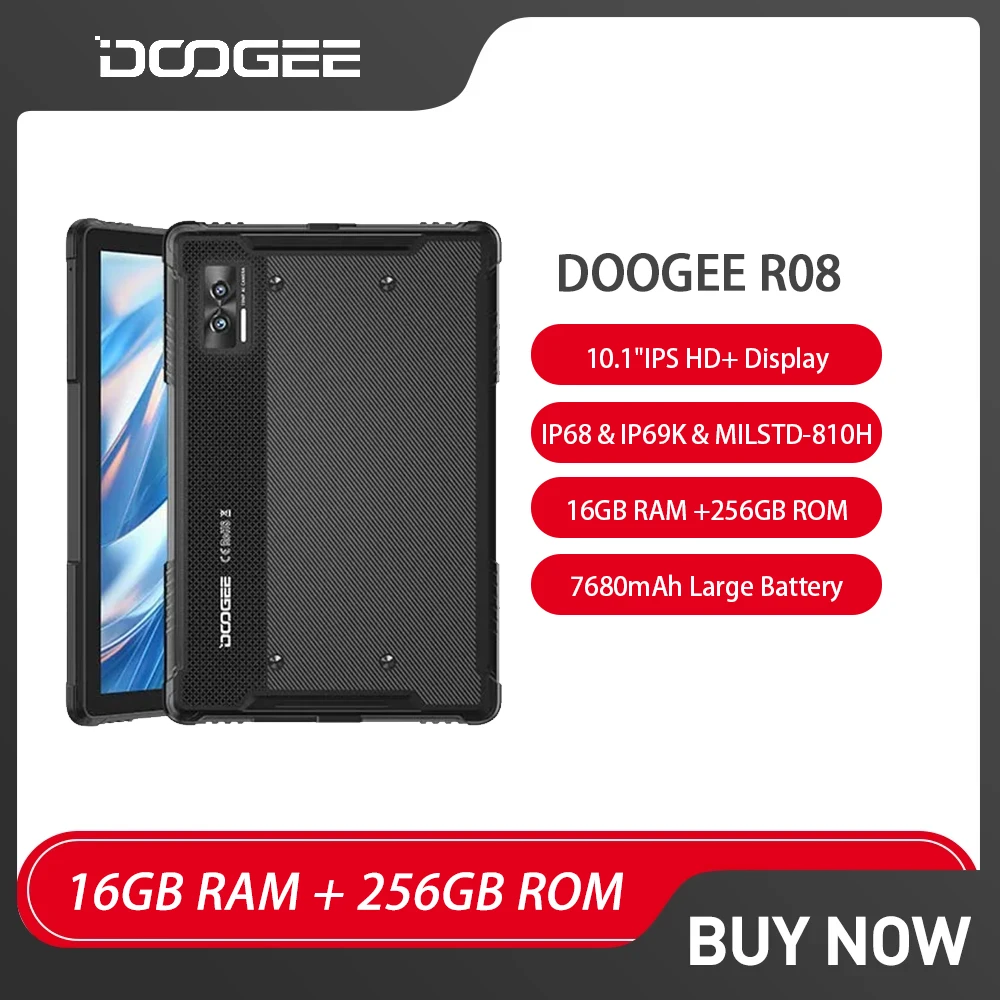DOOGEE R08 Rugged Tablet PC Android Phone Pad 10.1" IPS Display Octa Core 16GB(6+10) 256GB 7680mAh 10W Fast Charge OTG Tabl