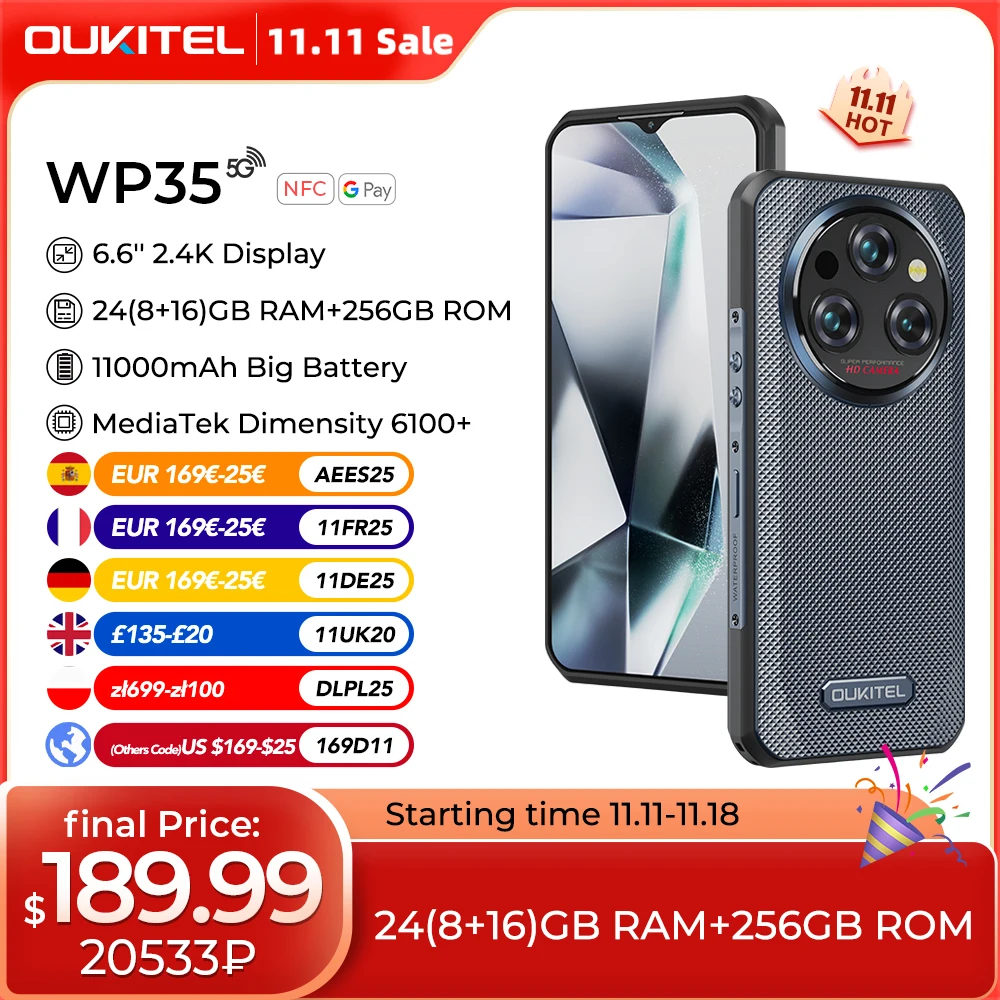 Oukitel WP35 Rugged Smartphone, Android Mobile Phone, NFC Cell Phone, 5G, 11000mAh, 24GB(8+16) + 256GB, 108 MP Camera, MTK 7025