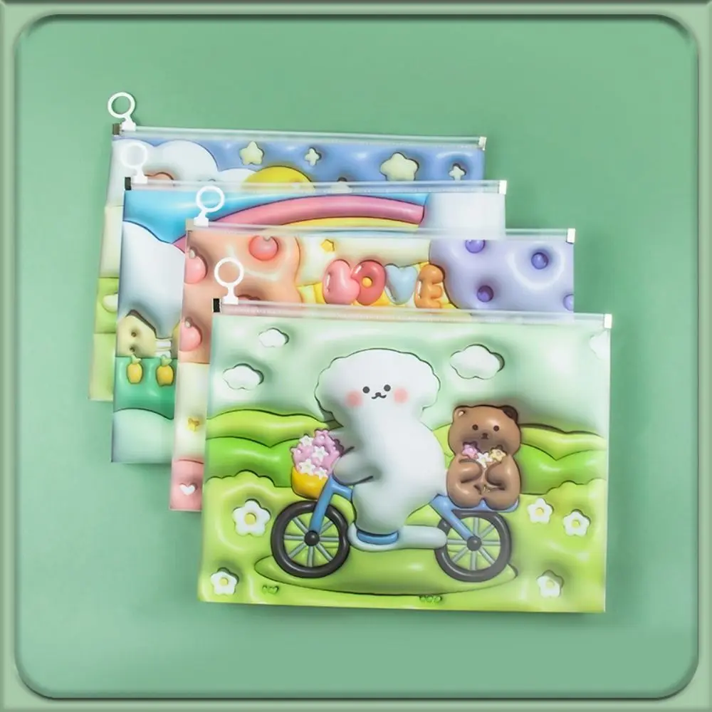 4Pcs/set PP File Folder New Zipper Stationery Bag Document Bag 3D Cartoon Print Pencil Bag Test Paper Storage Bag