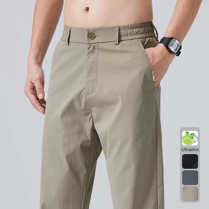 New Summer Clothes Men's Thin Pants Fashion Classic Straight Slim Ice Silk Ankle Length Male Brand Pants Black and Gray Kha
