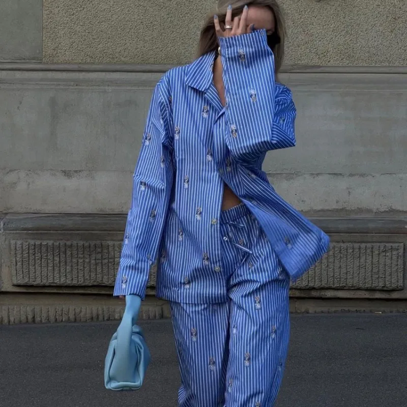 Women's Suits Cartoon Printed Fashion Set 2024 Spring/Summer New Loose Shirt High Waist Pants Two Piece Womens Set