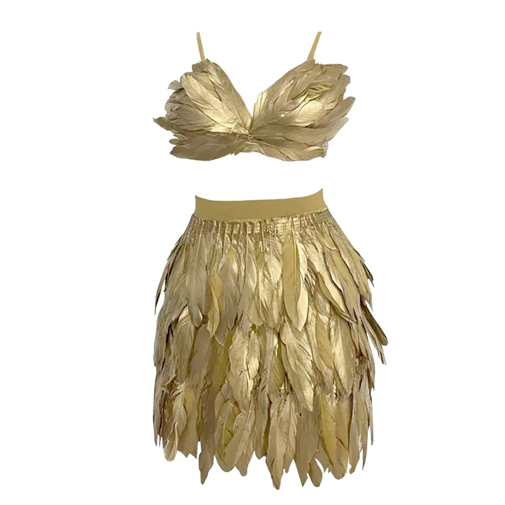 Summer golden feather bra backless tight mini combination skirt female TV series red carpet costume stage performance party