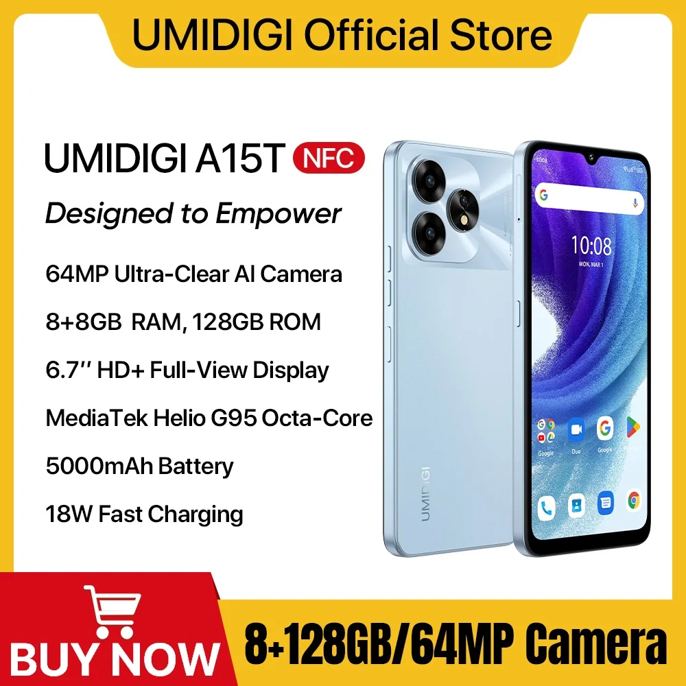 UMIDIGI A15T смартфон Android 13 MTK Helio G95 Octa-Core Ultra-Slim 6.7" HD+ 64MP AI Camera 8+8GB 128GB 5000mAh 18W NFC тел