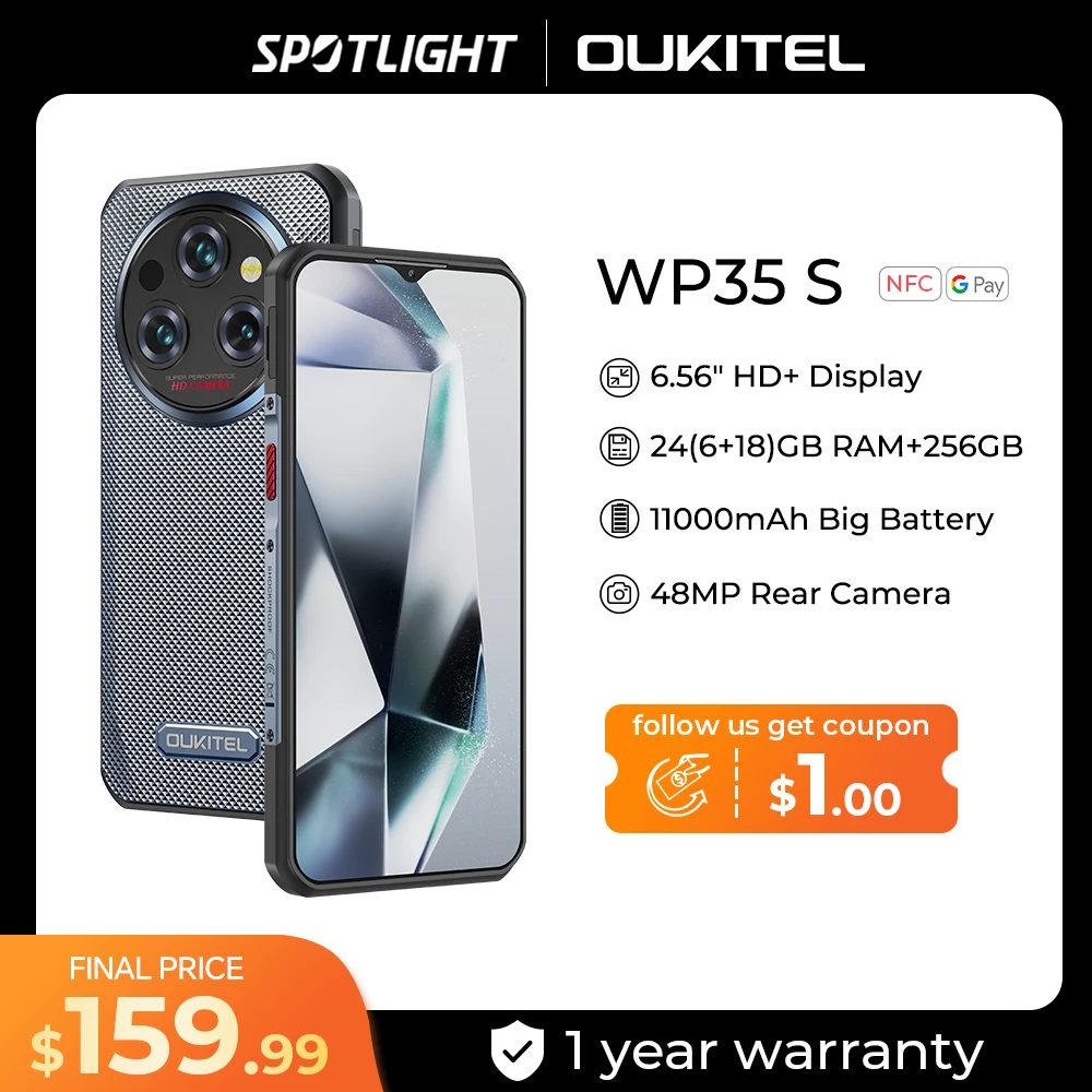Oukitel WP35 Pro Rugged Smartphone 5G 11000mAh 36GB+512GB Andiron 14 64MP NFC Cell Phone