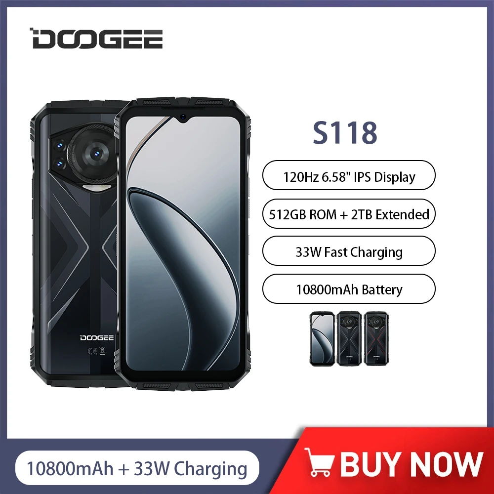 DOOGEE S118 Rugged Smartphone Android 14 512GB ROM Mobile Phone 10800mAh 33W Fast Charging 50MP Triple Camera 4G Cellphone NFC