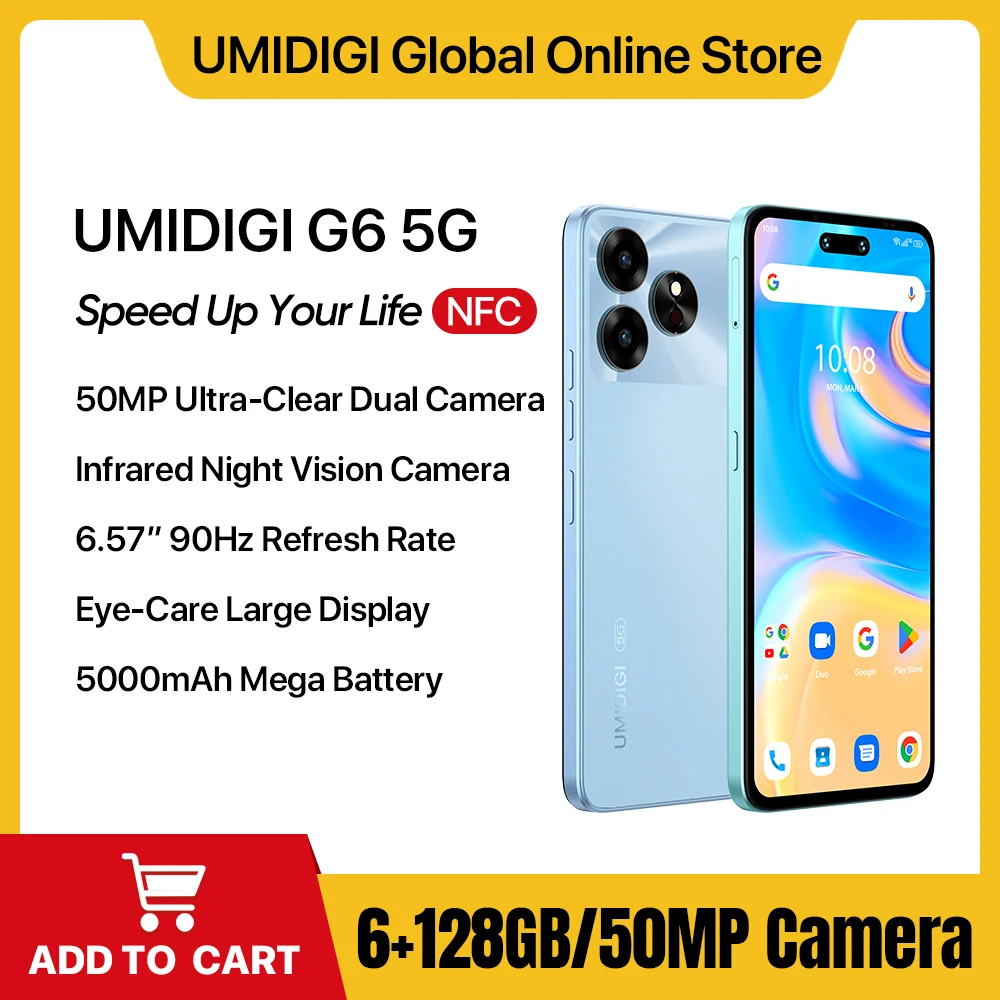 UMIDIGI G6 5G Smartphone Android 13 NFC 12GB (6+6GB Extended)RAM 128GB ROM Dimensity 6100+ 50MP 5000mAh 6.57 " 90Hz celular