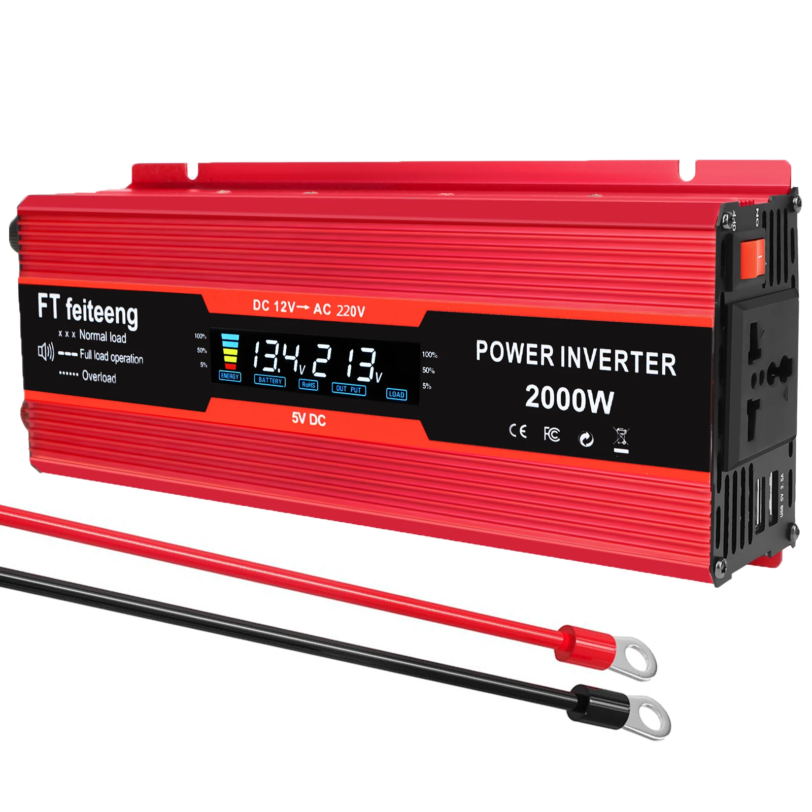 12V To 220V/230V 2000W Power Inverter LCD Display Solar Inverter Dual USB Fast Charging for Phone Laptops Car