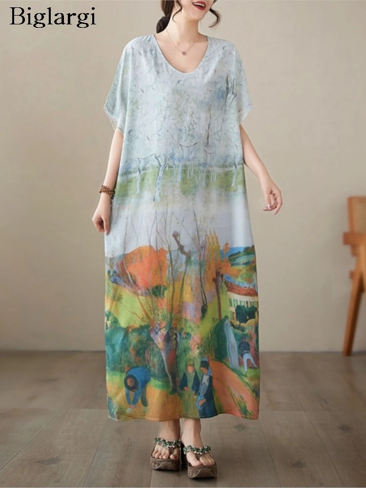 Oversized Summer Long Dress Women Ruffle Pleated Loose Fashion Holiday Print Ladies Dresses Short Sleeve V-Neck Woman Dress