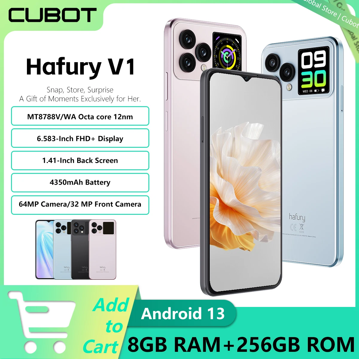 Global Version Cubot Hafury V1 Android 13 Smartphone 16GB RAM(8GB+8GB)+256GB ROM Dual Screen 64MP Camera NFC Dual 4G Phone
