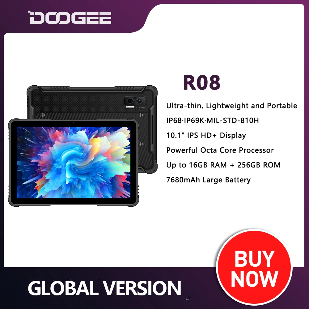 DOOGEE R08 Rugged Tablet PC 10.1" IPS Display Android Phone Pad Octa Core 16GB(6+10) 256GB 7680mAh 10W Fast Charge OTG Tabl