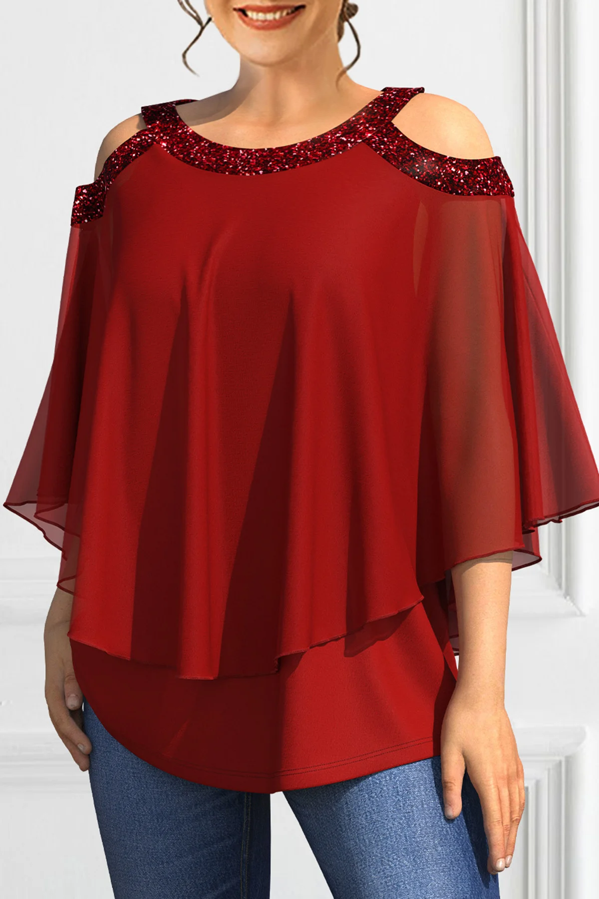 Women's Plus Size Fashionable Off-Shoulder Printed Loose Casual 3/4 Battalion Sleeves Layered Ruffle Hem Chiffon Women&apos