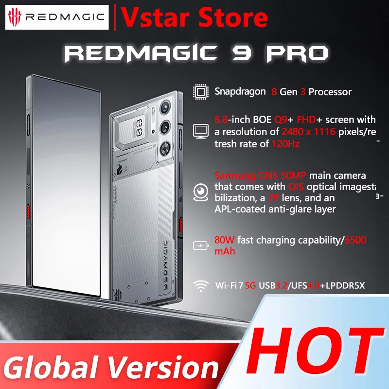 Global Version RedMagic 9 Pro 5G Phone 6.8" Q9+ Full Flat FHD+ Gaming Phone Snapdragon 8 Gen 3 6500mAh 80W Charge 50MP NFC