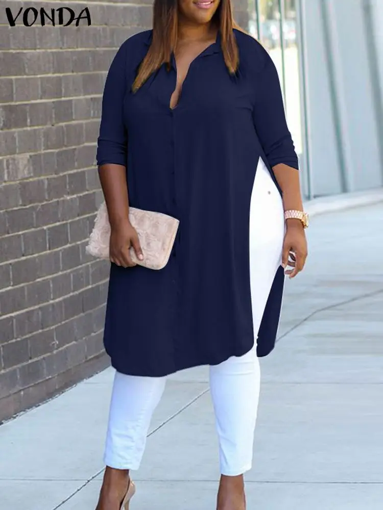Plus Size 5XL VONDA Women Long Shirts Fashion Lapel Buttons Casual Tunic Tops Long Sleeve Side Slit Loose Blusas Solid Blouse