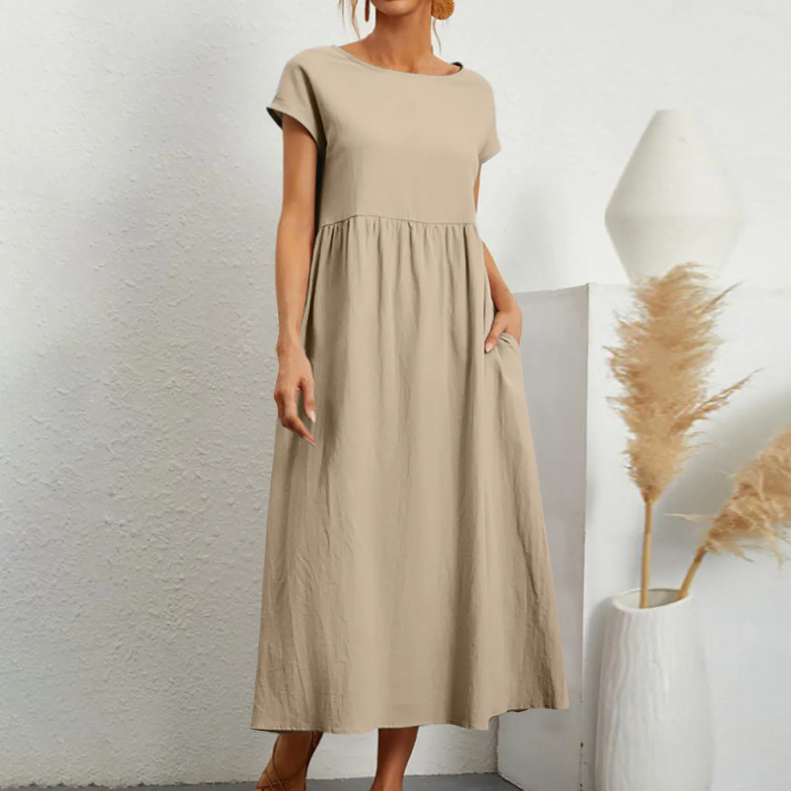 Summer Women's Elegant Dress New Fashion Casual Short Sleeve O-Neck Solid Color Retro Cotton Comfortable Loose Pocket Long 
