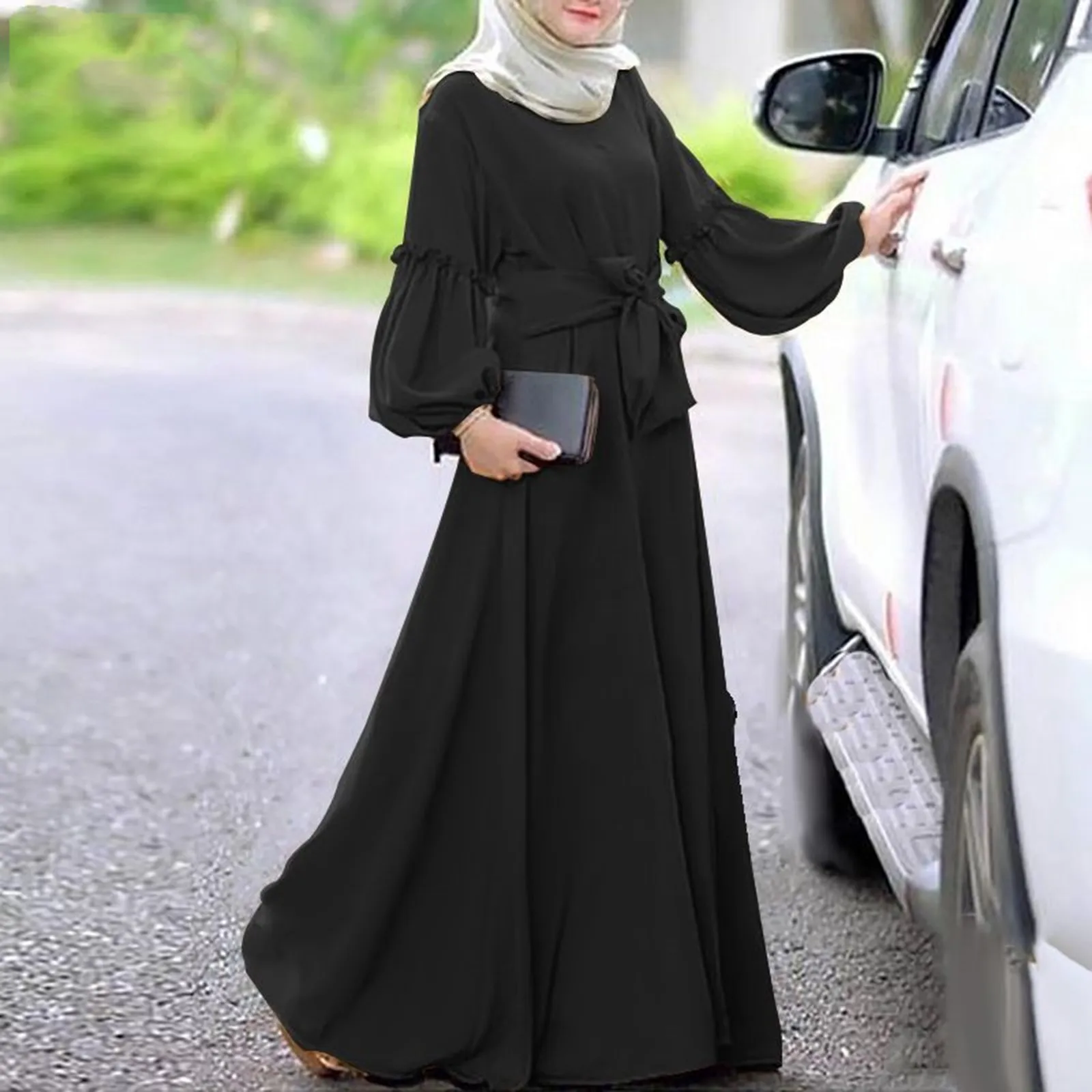 Women's Muslim Solid Color Long Sleeved Round Neck Ruffle Dresses Prayer Clothes Ramadan Abayas For Women Dubai Modest Robe
