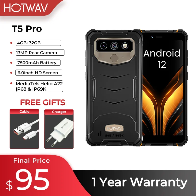 HOTWAV T5 Pro 4G Rugged Smartphone Outdoor Android MTK6761 6.0" Screen 4GB 32GB 7500mAh Massive Battery 13MP Camera Cell ph