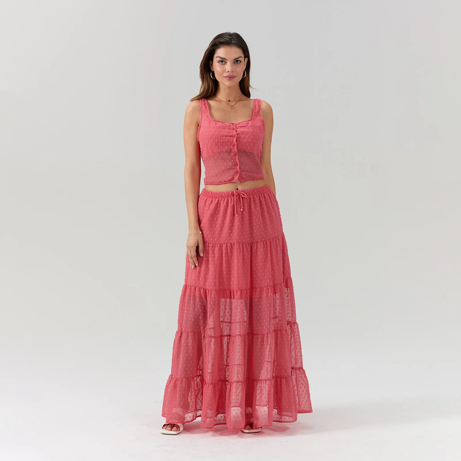 Women Kawaii Two Piece Maxi Skirts Sets y2k Sleeveless Mesh Crop Cami Top Ruffle Tiered Flowy Long Skirts Vacation Beach Outfits