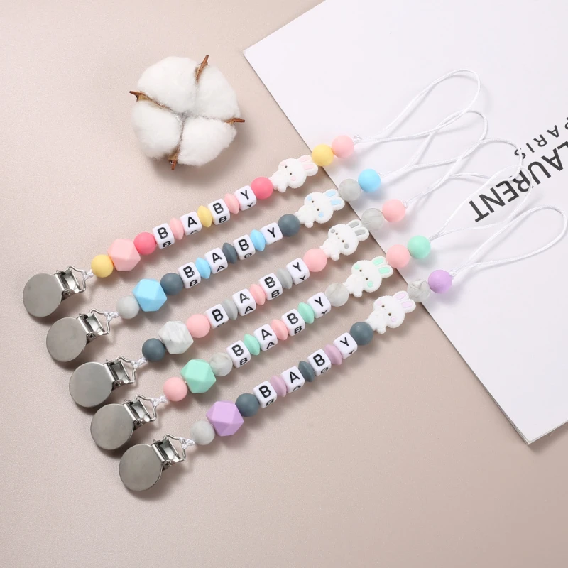 New Personalized English Letters Name Baby Rabbit Silicone Pendant Pacifier Clips Chains Dummy Holder Teether Baby Shower Gift