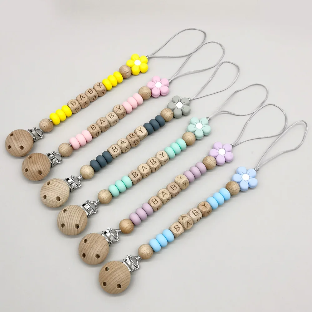 Personalized Baby Pacifier Chain Clip Custom Name Flower Silicone Bead Dummy Nipple Holder Guard Teether Pendant Newborn Stuff