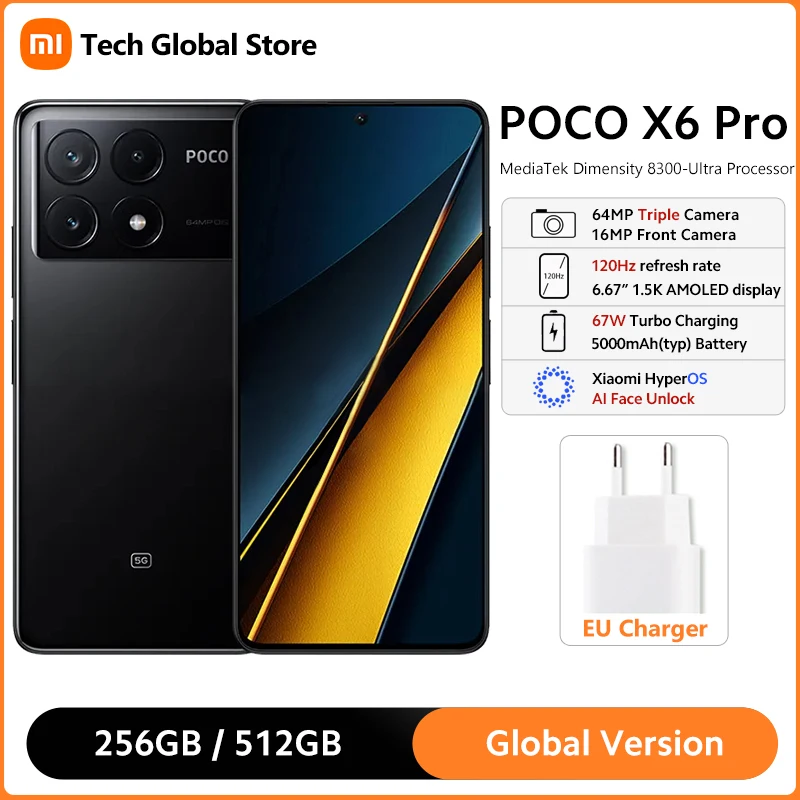 Global Version POCO X6 Pro 5G Smartphone 12GB 512GB MTK Dimensity 8300-Ultra Processor 6.67" 120Hz AMOLED Display 64MP Came