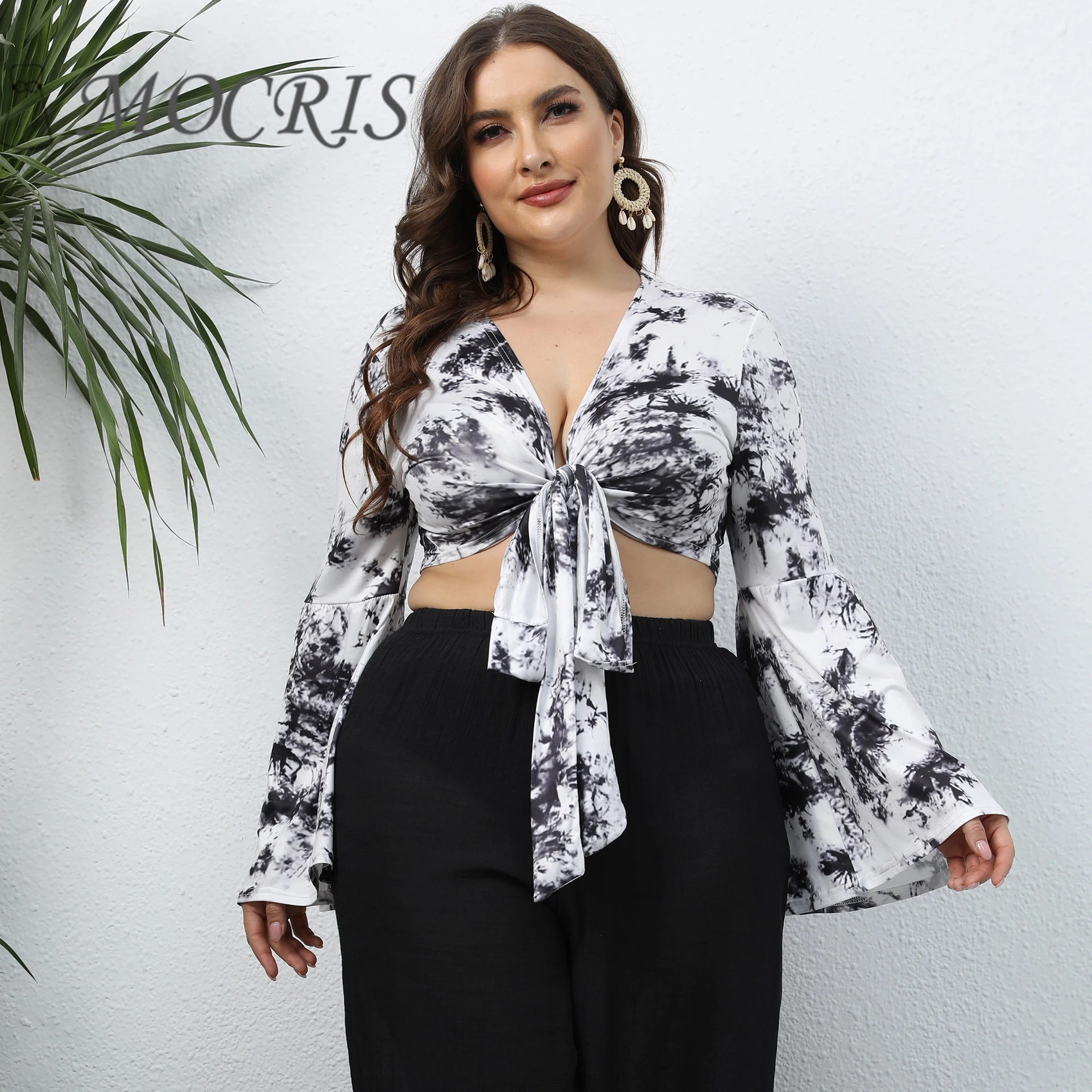 Elegant Sexy Plus Size Lingerie Printing Tie Women's Summer Vest Deep V-neck Flared Sleeves Fashion 2024 Cheap and Free Shi