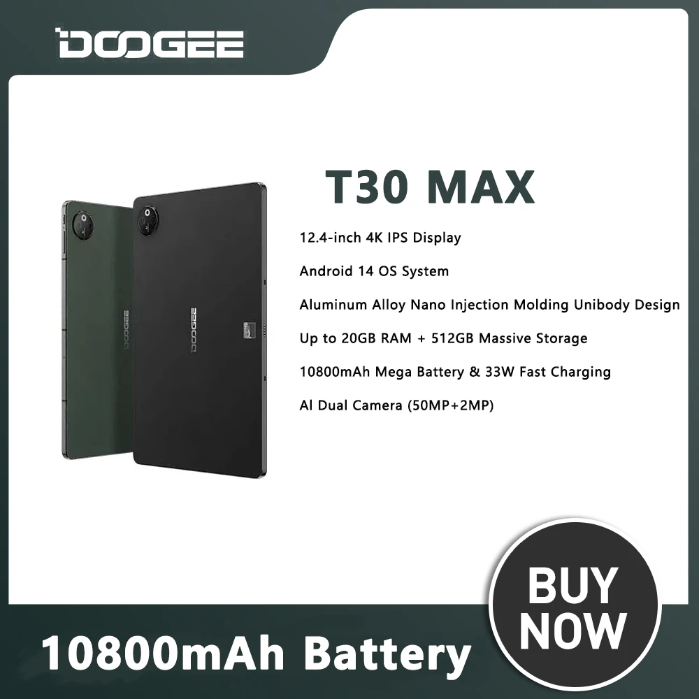 DOOGEE T30 Max Tablet Android 14 12.4 Inch 4K 8GB 512GB Tablets PC 50MP 10800mAh 33W Fast Charging Aluminum Alloy Nano Unibody