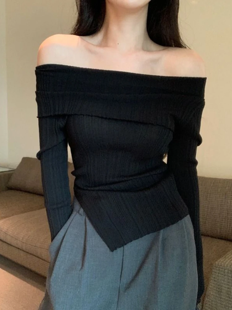 2024 Korean Fashion Black Knitted Sweater Women Harajuku Sexy Slim Off Shoulder Jumper Elegant Casual Crop Tops Streetwear
