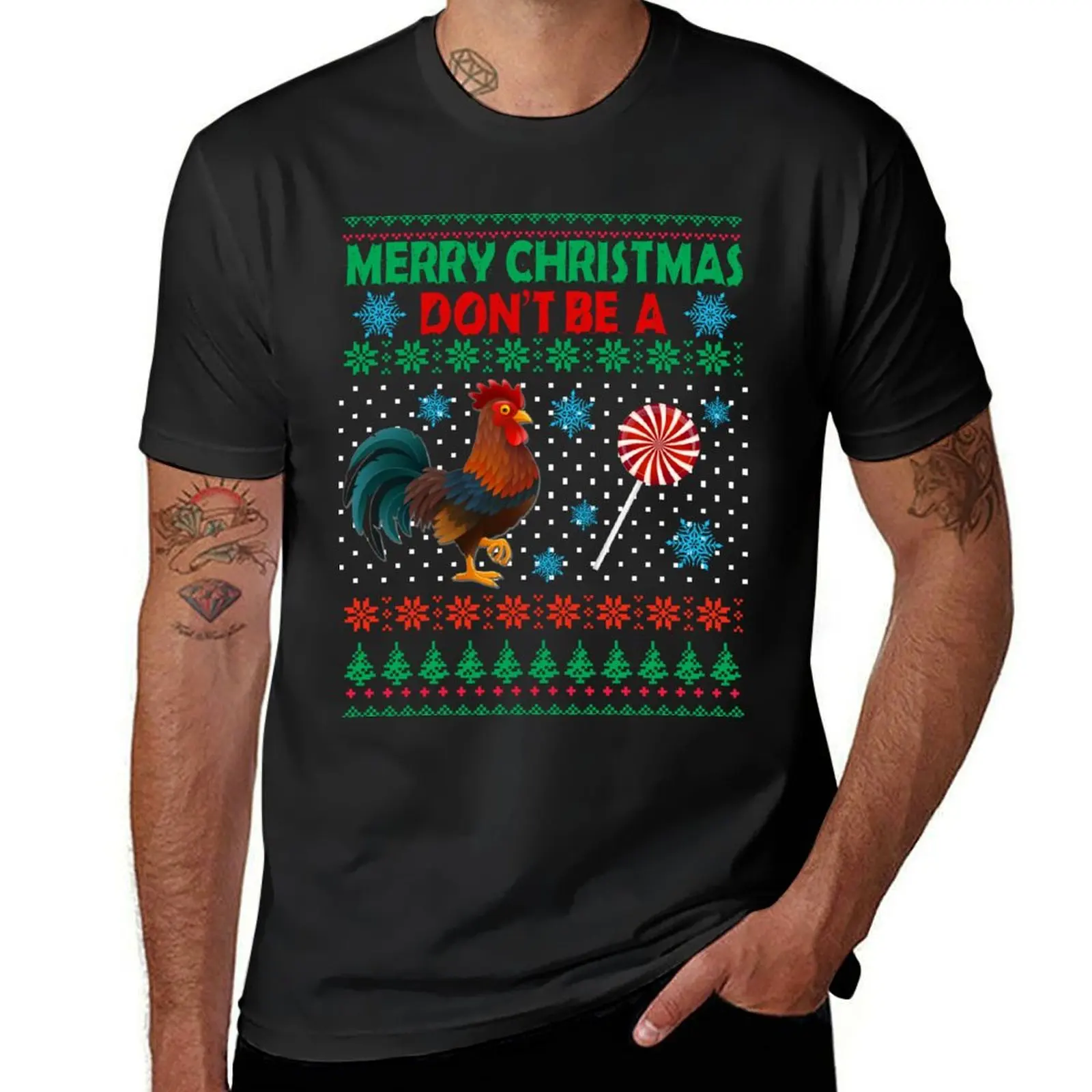 Merry Christmas Don't Be A Chicken And Candy Ugly Christmas Sweater T-Shirt sports fans plus size tops workout shirts for m