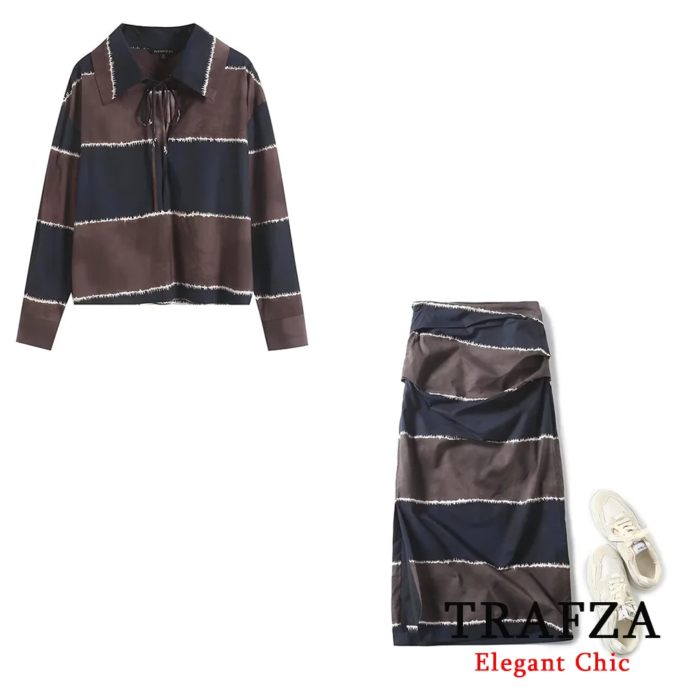 TRAFZA Vintage Chic French Luxury Women Set Fashion 2024 Spring Summer Striped Shirt+ Side Split Slim Midi Skirt Office Lady Set