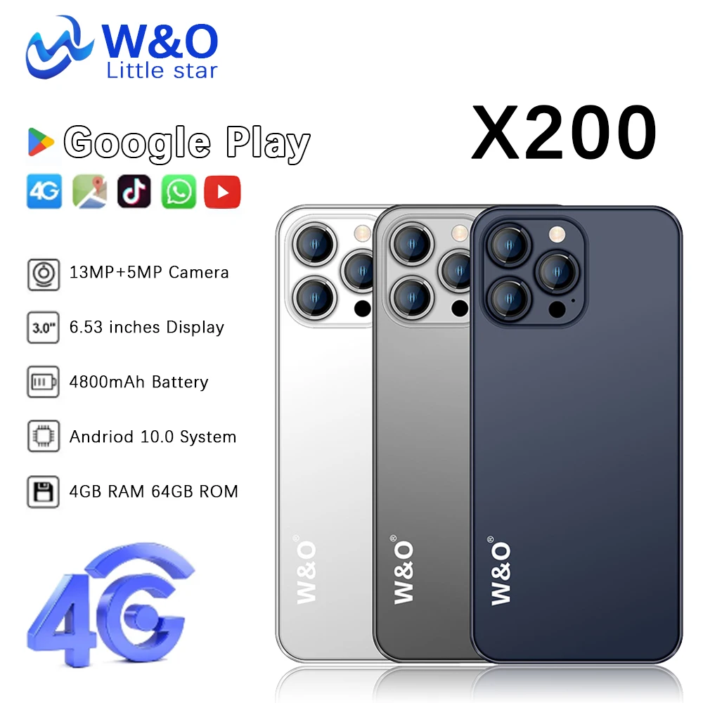 W&O X200 4G Smartphone Android 4GB RAM+64GB ROM Mobile phone 6.53 Inch Dual SIM 4800mAh Battrey 5+13MP Camera Cell Phone On 