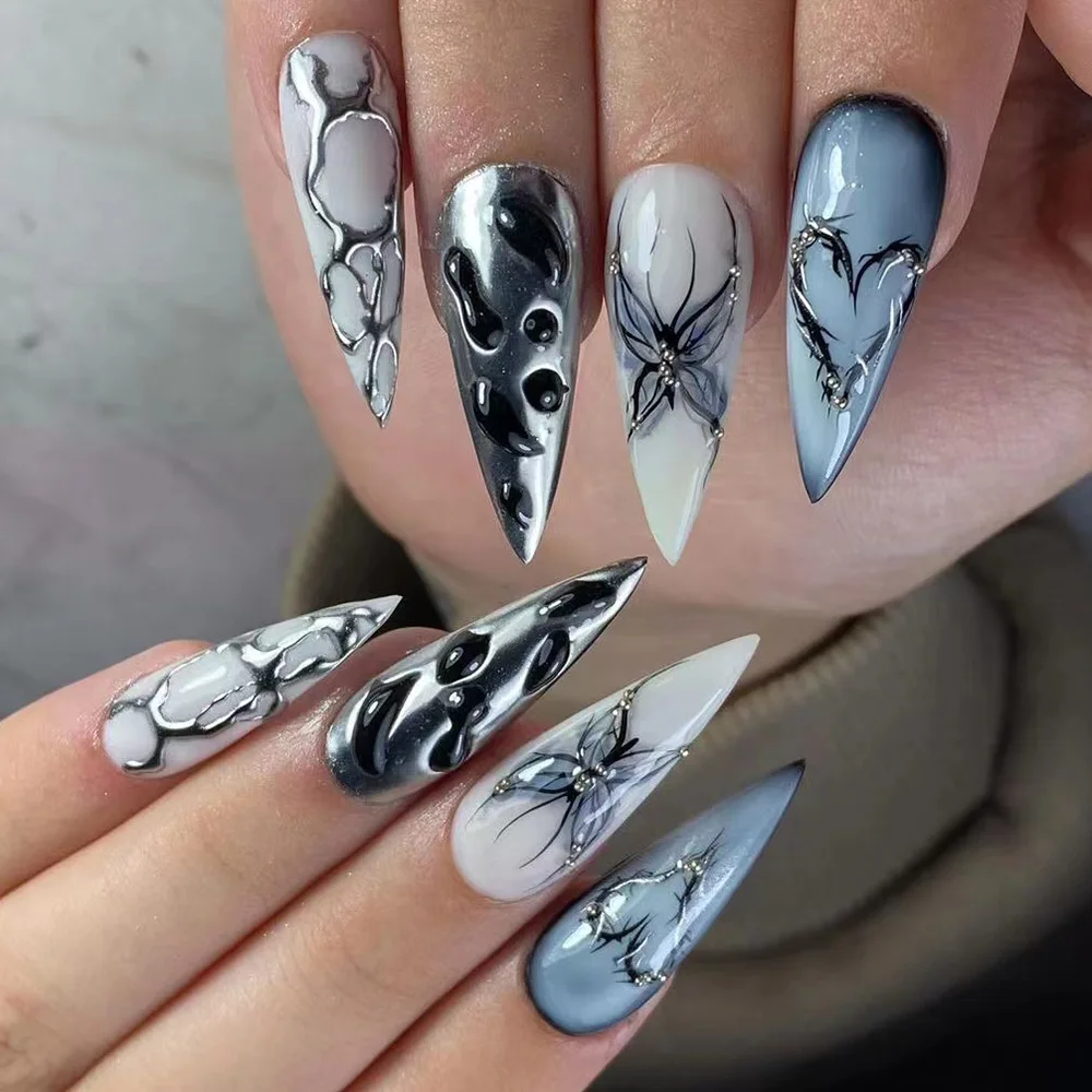 Cool 3D Water Ripple Butterfly Silver Black Long Pointed False Nails Detachable Finished Fake Nails Press on Nails with Glue