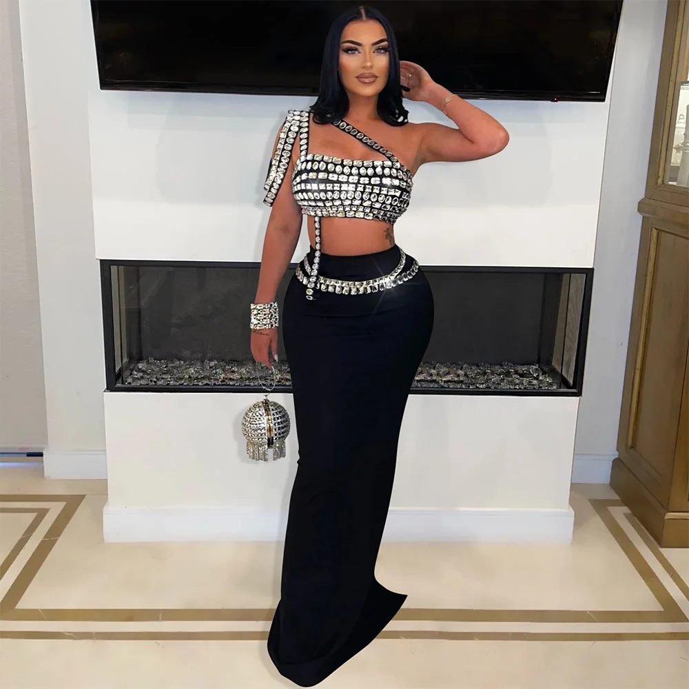 2 Pieces Set Sexy 2024 Summer Autumn Fashion Women Set Female Pullover Black Diamonds Sleeveless Top And Long Maxi Skirts