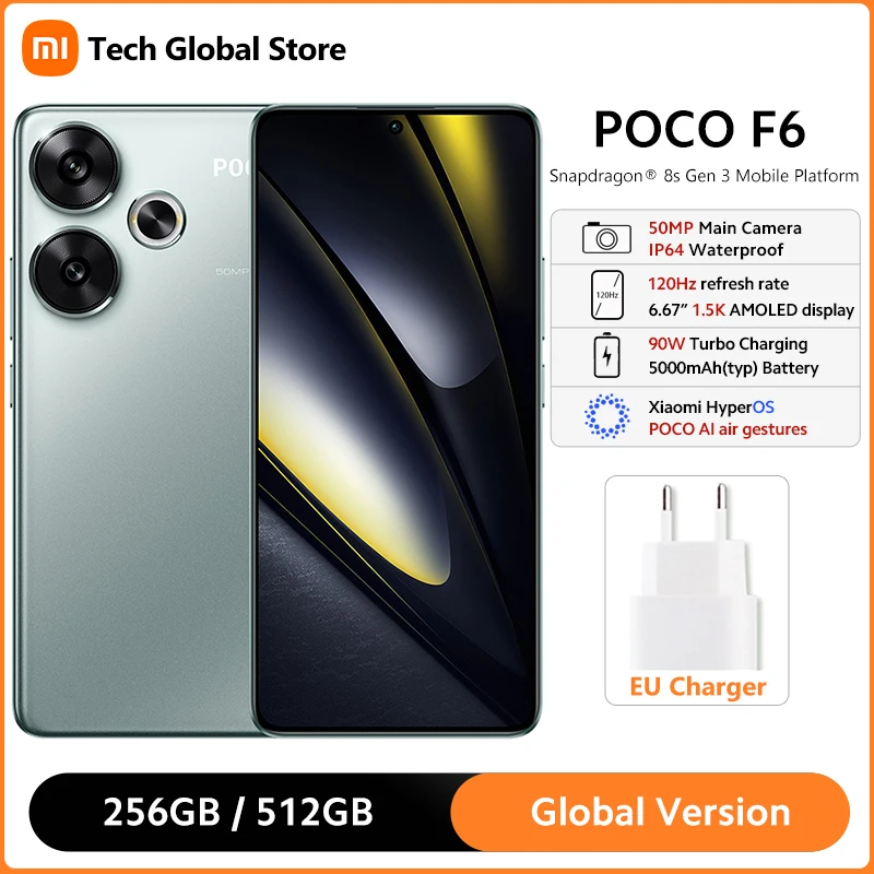 POCO F6 5G Smartphone Global Version 12GB 512GB Snapdragon® 8s Gen 3 6.67" 120Hz AMOLED Display 50MP Main Camera IP64 Water