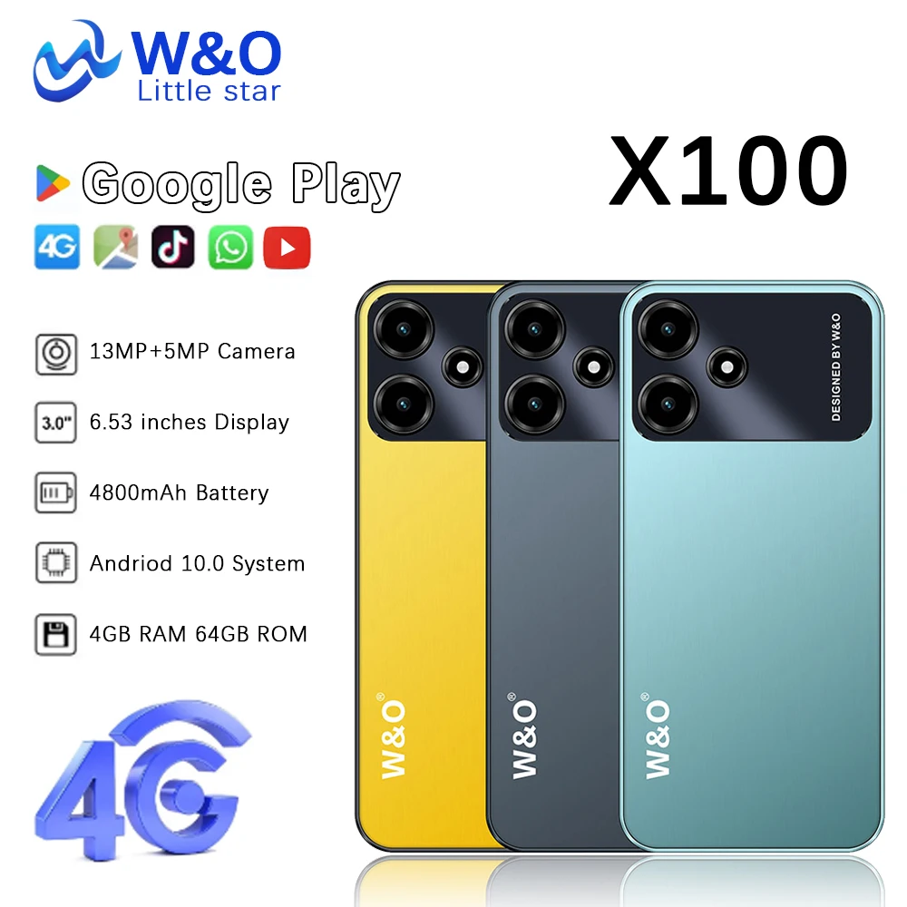 W&O X100 Ultra-Thin 4G Smartphone Android 4GB RAM+64GB ROM Mobile phone 6.53 Inch Dual SIM 4800mAh 5MP+13MP Cell Phone On Sa