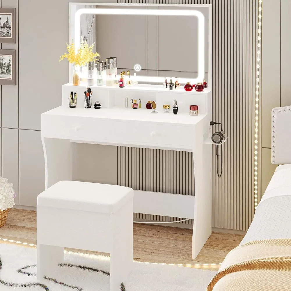 Vanity Desk with LED Lighted Mirror & Power Outlet & 4 Drawers, Dressing Makeup Table Set with Storage Stool and Hair