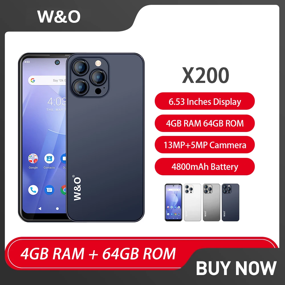 Global Version W&O X200 Ultra-Thin 4G Smartphone Android 6.53" Dual SIM Mobile Phone 4GB+64GB 4800mAh 13MP Cellphones O