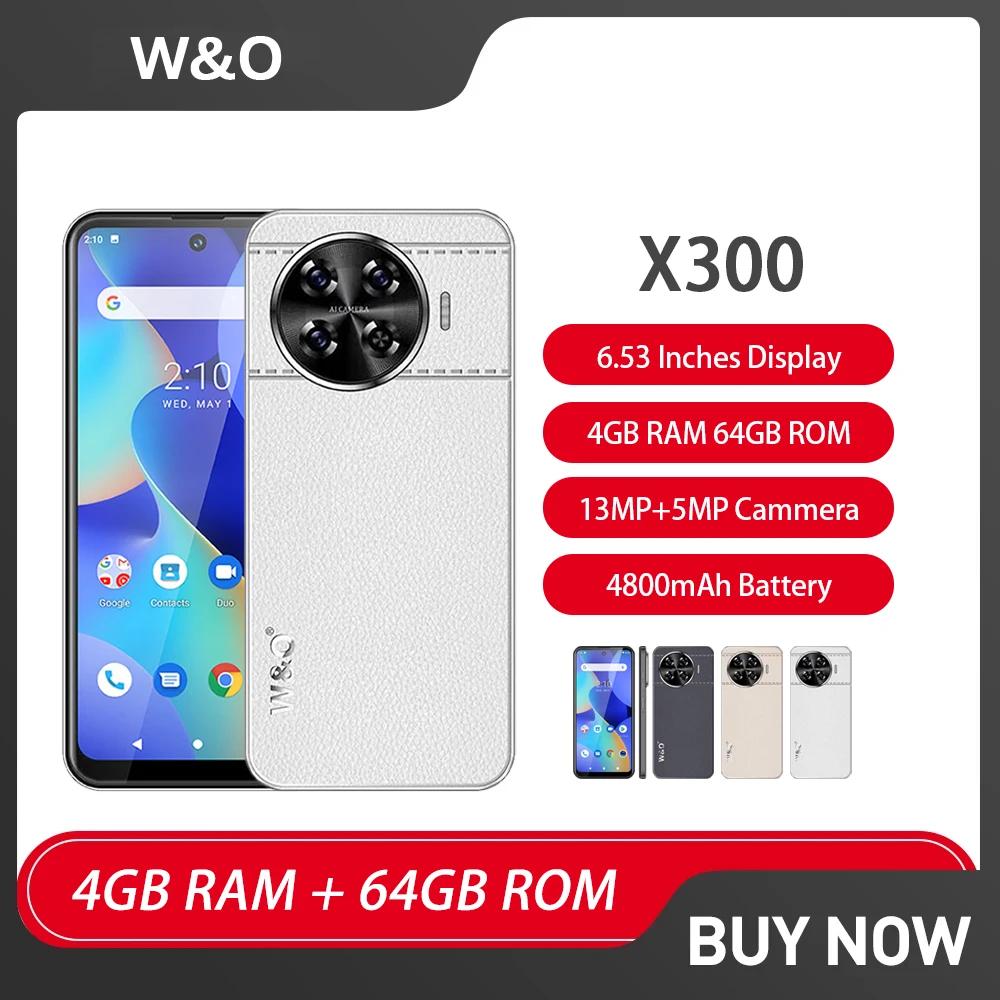 Global Version W&O X300 Ultra-Thin 4G Smartphone Android 6.53" Dual SIM Mobile Phone 4GB+64GB 4800mAh 13MP Cellphones O