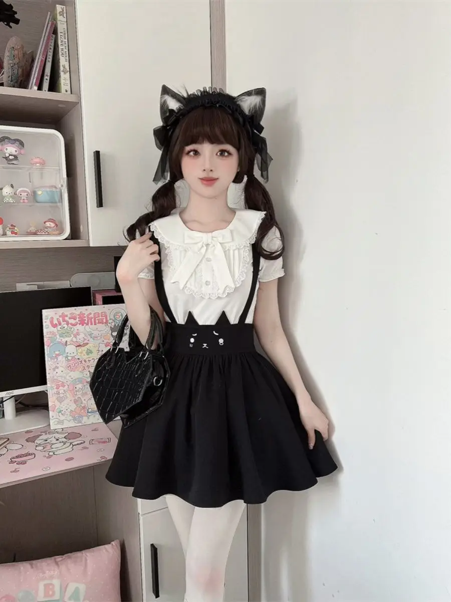 Japan Women Summer Kawaii Two Piece Set Suit Short Sleeve Shirt Blouse Black Gothic A-Line Mini Skirt Y2k Vintage
