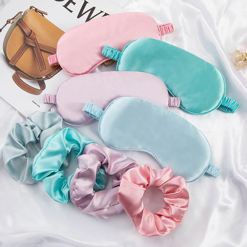 2Pcs Imitated Silk Eye Mask And Hair Scrunchie Set Soft Eye Night Blindfold For Women And Men Scrunchies Hair Ties