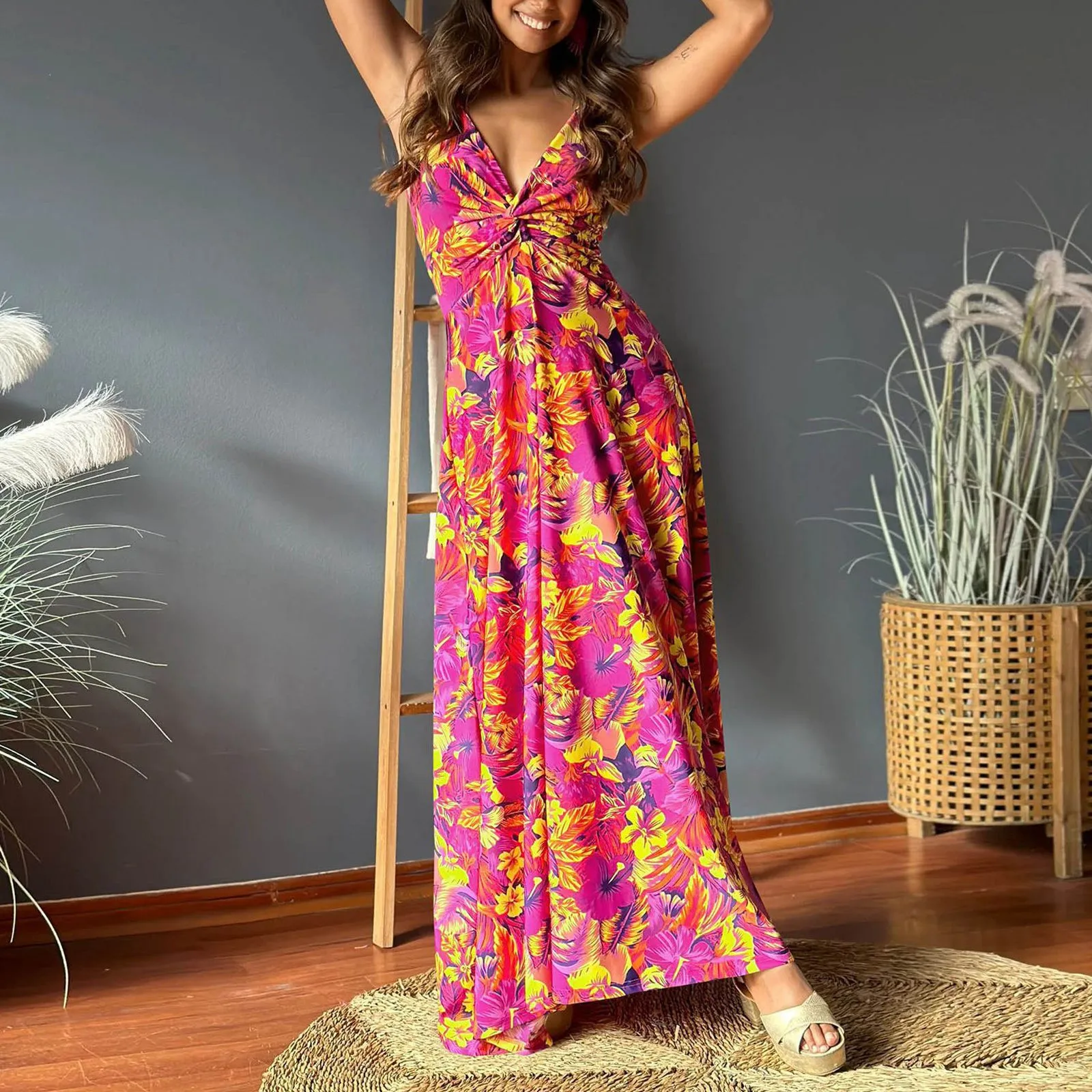 Boho Dress Floor Length Women's Spaghetti Strap Backless Maxi Dress Large Swing Casual Holiday Wrapped Knot Long Dress Vest