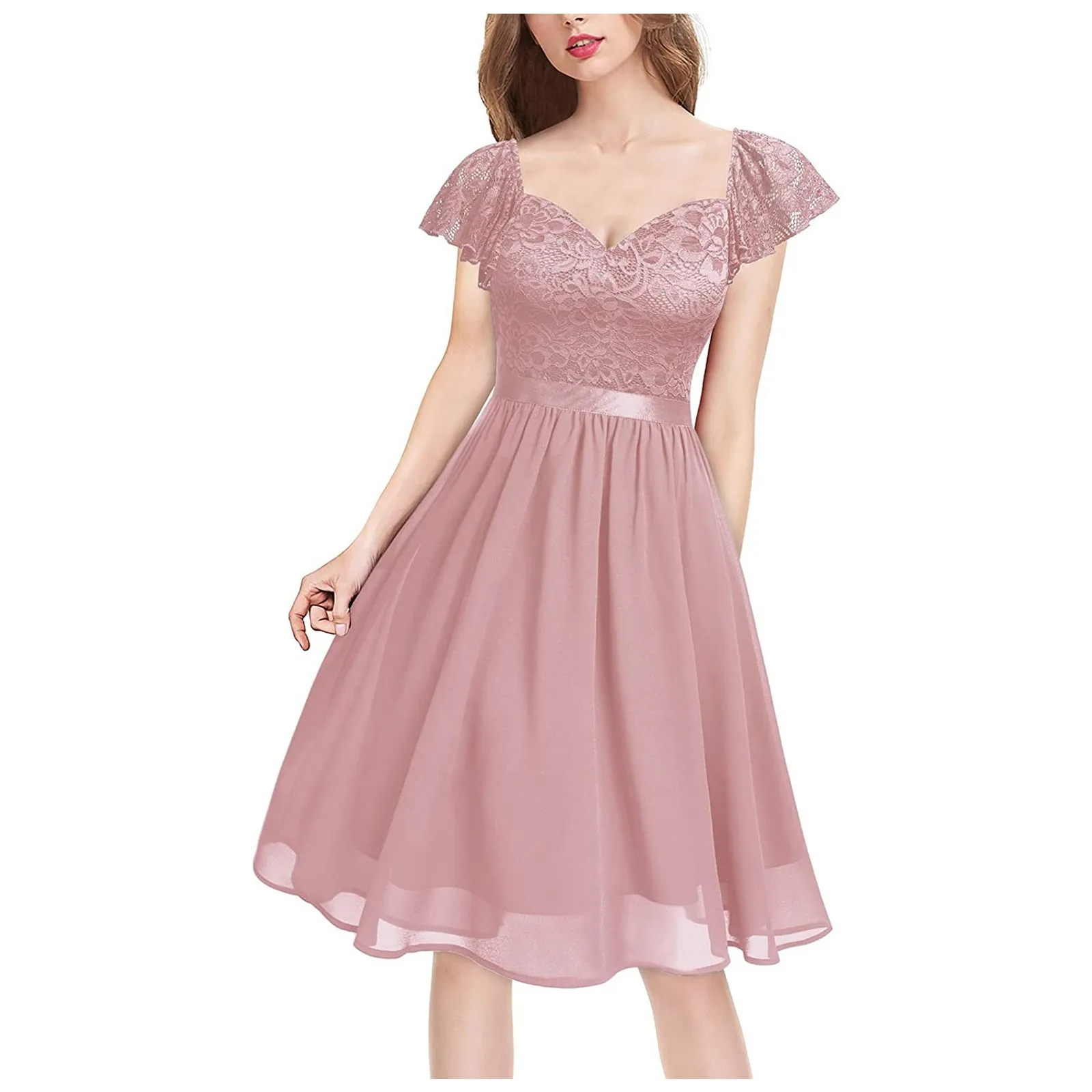 Oversized Lace Chiffon Short Prom Dress Elegant Pink Blue Black Flare Sleeve Pleated Midi Cocktail Gown Birthday Dress for Women