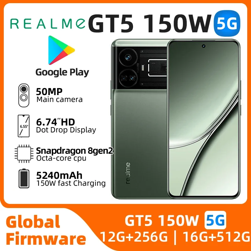 Global Rom Original Realme GT5 Snapdragon 8Gen2 5240 mAh 6.74inch Screen 144Hz 7 Main Camera 50MP used phone