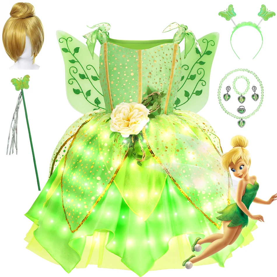 Disney Children Party Carnival Tulle Clothes 2-10Yrs Cosplay Disguise Girl Tinker Bell Princess Dress Floral Green Gown Fantasia