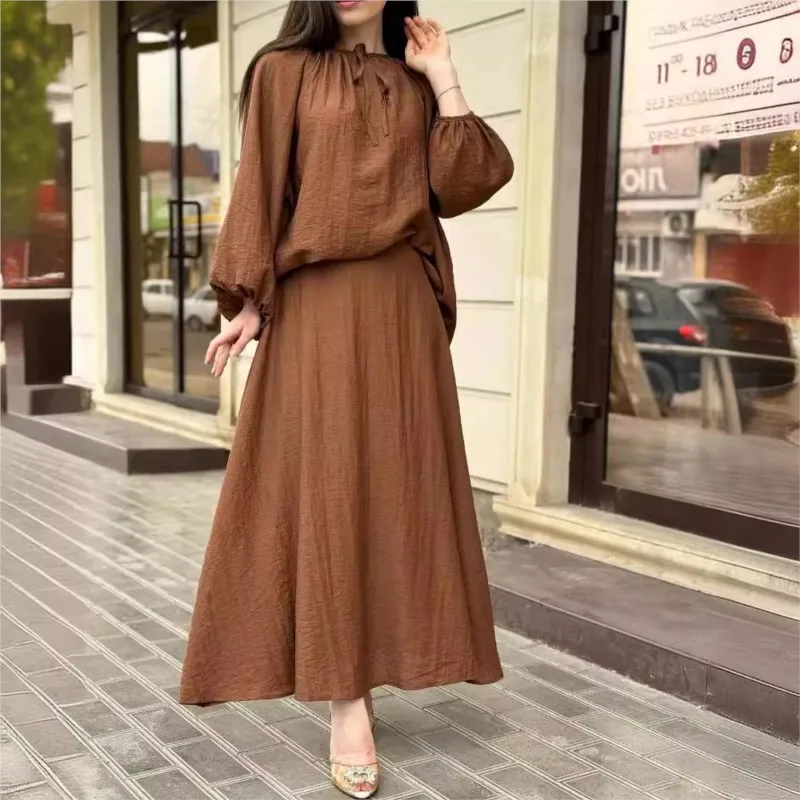 Women's Suit 2024 Spring New Casual Loose Skirt Suit Puff Sleeve Loose Top Sweeping Skirt 2-piece Set Womens 2 Piece Outfit