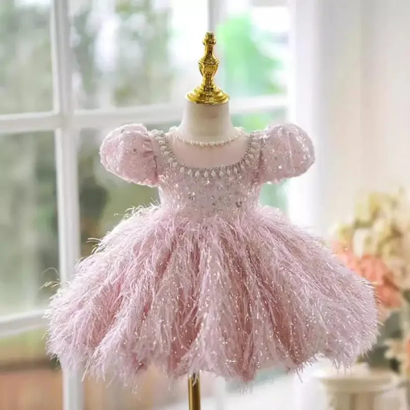 New Children's Princess Ball Gown Pearls Sequin Design Wedding Birthday Baptism Party Flower Girls Dresses A3896 Vestidos