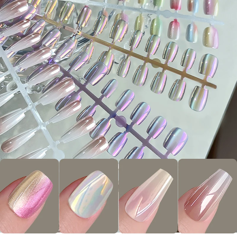 30pcs Auroras Water Light Cat Magnetic Nail Tips Press On Nails Laser Crystal Wearable False Nails for Nail Art DIY 15 Size